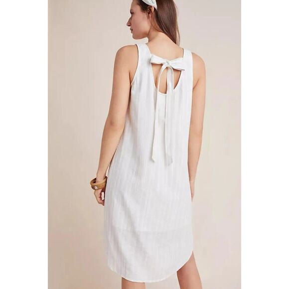 Anthropologie‎ Cloth & Stone Bow- tied chambray dress M White Tan Lined - Picture 2 of 10